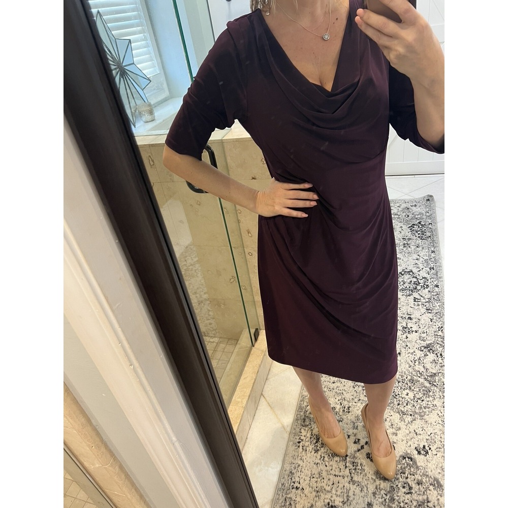 Lauren Ralph Lauren Dress Womens 16W Purple Cowl Neck Ruched 3/4 Sleeve Knit